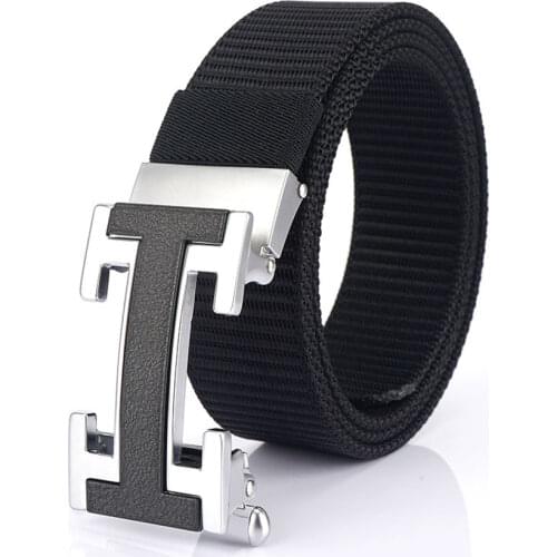 Brand New Mens Belt Letter I Metal Automatic Buckle Designer Waistband Business Style Male Trouser Belt Black Long Nylon Strap