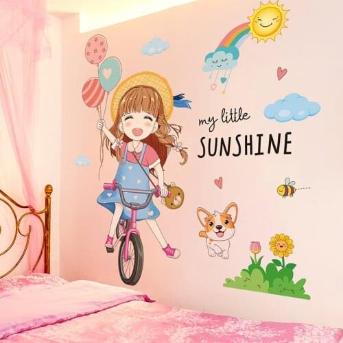 [SHIJUEHEZI] Cartoon Girl Wall Stickers DIY Bike Balloons Wall Decals for Kids Rooms Baby Bedroom Nursery House Decoration