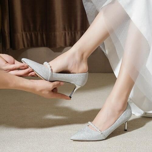 Wedding Shoes Womens 2020 New Bride Shoes Silver Paillette High Heels Thin Heeled All-match Bridesmaid Crystal Wedding Shoes