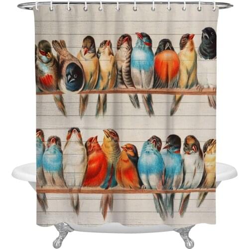 Wood Grain Bird Bathroom Shower Curtain Polyester Fabric Waterproof Shower Curtains with Hooks