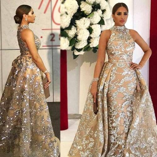 Two Pieces Detachable Back Train Prom Dresses High Neck Halter Silver Shining Glitter Fabric Formal Evening Bridal Gowns New