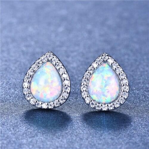 Boho Female Small Stud Earrings Silver Color Blue White Fire Opal Earrings Vintage Wedding Earrings For Women