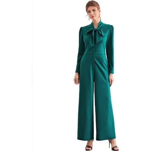 2021 Office Lady Hot Selling Women Playsuits Bow Long Sleeve Pants Sets Straight Wide Leg Pants Bodysuits