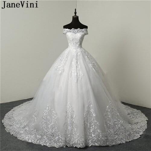 JaneVini Newest Design Off Shoulder Bridal Wedding Dresses 2020 White Lace Appliques Sequins Tulle Boho Ball Gown Bride Gowns