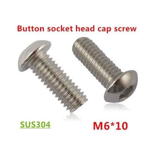 100pcs ISO7380 M6*10 Hexagon Socket Button Head Screws 304 Stainless steel m6x10 Mushroom Allen head Round Machine screws Bolts