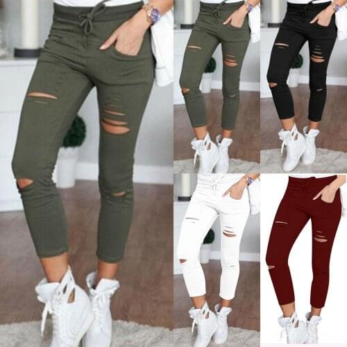 2020 Cargo Pants Women Fashion Slim High Waisted Stretchy Skinny Broken Hole Pencil Pants Solid Color Streetwear Trousers Womens