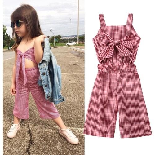 1-6Y Toddler Baby Girls Summer Fashion Lovely Jumpsuits Sleeveless Strap Bow Belt Red Plaid Elastic Waist Jumpsuits Romper