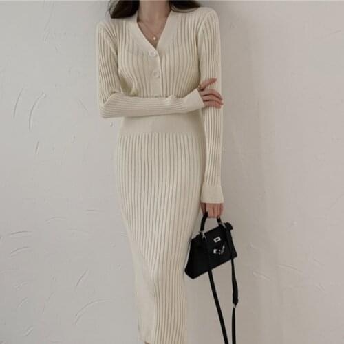 Long Slim-Fit Sweater Dress Autumn Winter V-Neck Outer Wear Waist Bag HipBase Female Knitted Dresses Can Be Matched With A Coat