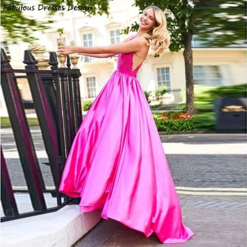 Fuchsia A Line Satin Prom Dresses 2021 Applique Lace O-neck Long Evening Dress Party Gowns Sweep Train Vestidos De Festa