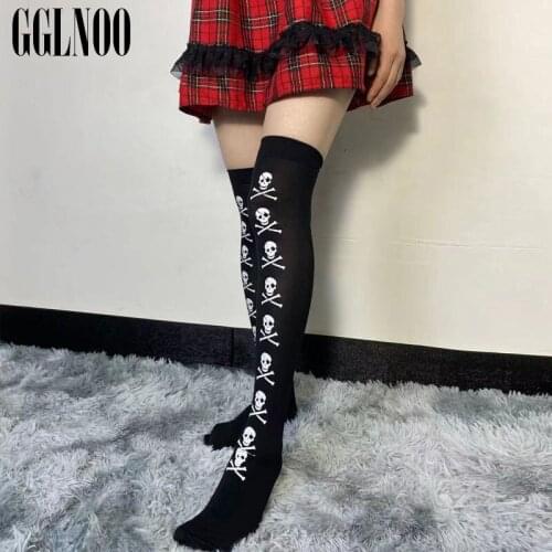 GGLNOO Harajuku Gothic Punk Skull Printed Black Thin Elastic Socks Women Lolita Streetwear