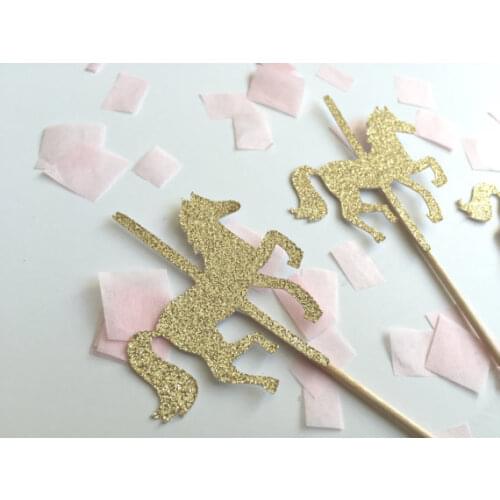 Carousel horse Gold Cupcake Toppers magic Party Decor. picks Birthday wedding bridal baby shower24pcs