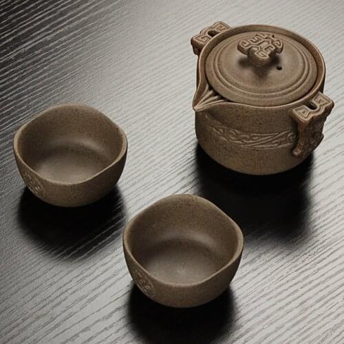 Chinese retro Rough pottery travel tea set 2 cups+1 pot,handmade ceramic teapot kettle porcelain gaiwan tea cup, tea cup teapot