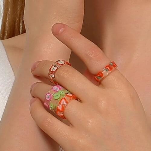 Korean fashion fresh fruit transparent resin girl new design dragon fruit strawberry lemon finger jewelry gift