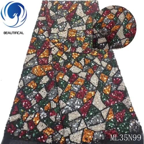 Beautifical Nigerian lace fabrics Hot sale african net lace fabric multicolor sequins embroidery lace fabric 5yards ML35N99