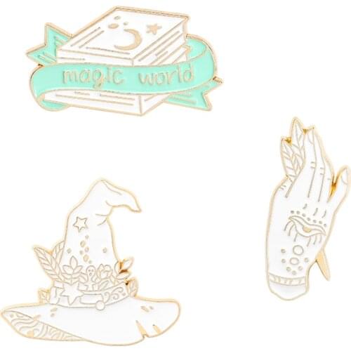 Wizard Enamel Pins Magic World Book Hand Hat Pattern Brooches Punk Badges Bag Clothes Lapel Pins Fashion Jewelry for Woman Man