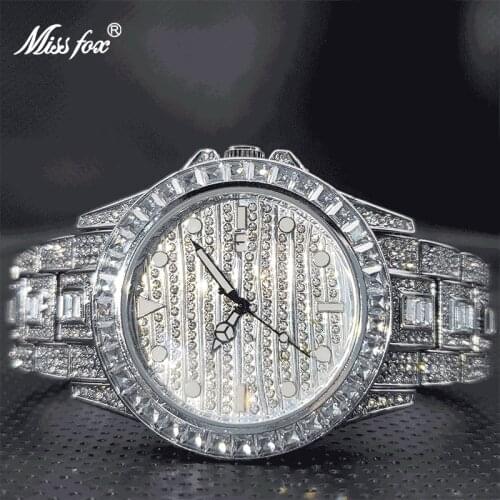 MISSFOX Luxury GMT Full Baguette Large Face Watch For Men Auto Date Adjust Waterproof Alarm Clock Diamond Ice Out Dropshipping