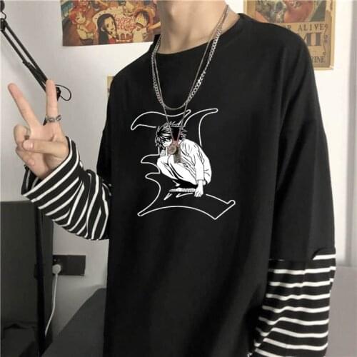 Novelty Anime Death Note Lawliet L Fake Two Piece T Shirt Men Harajuku Cartoon Manga Clothes Women Oversized Stripes Tshirt Male