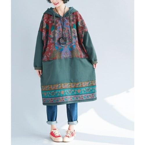 New Women Hoodies Spring Autumn Plus Size Casual Loose Indie Folk Print Hooded Sweatshirts Dress For Females MD- Fleece Hoodies
