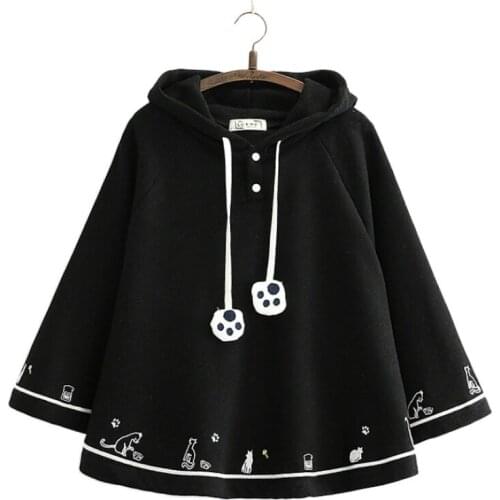 Solid black cartoon cat print cute hoodies and hooded sweatshirts 2020 winter fleece thick batwing sleeve pullover Tracksuits