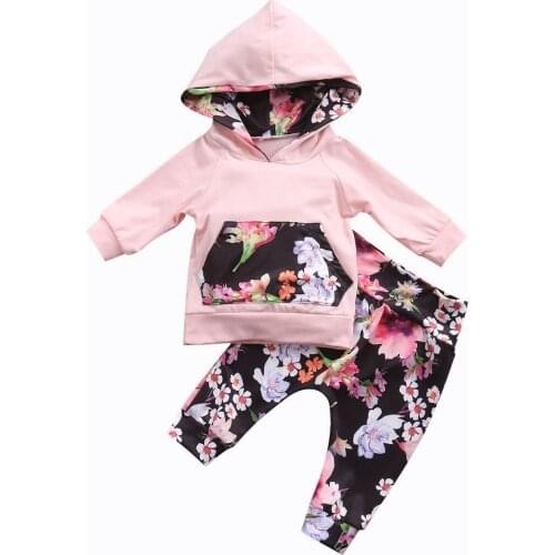 Autumn Winter Infant Newborn Baby Girls Clothes Pocket Patchwork Hooded Tops +Floral Leggings Outfit Baby Clothing Set