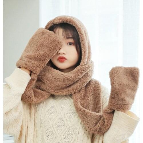 Students Hat scarf gloves hooded warm thickened three-piece Korean version of plush scarf women