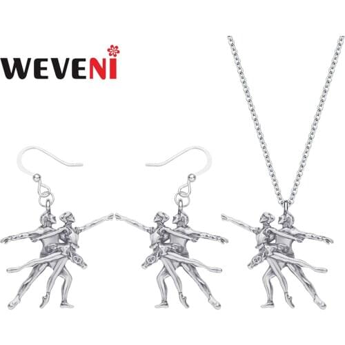WEVENI Alloy Plated Antique Gold Ballet Dancer Jewelry Sets Long Metal Earrings Necklace For Lady Girls Trendy Gift Decoration