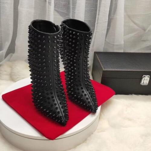 Sexy All Studs Matte Leather Women Ankle Boots Stilettos Thin High Heels Pointy Toe Winter Boots