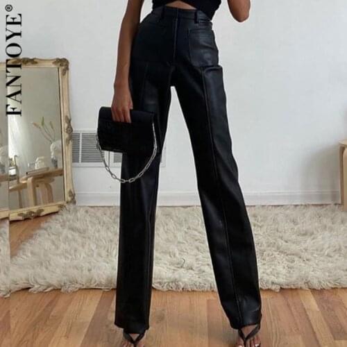 Fantoye Fashion Black Pu Leather Pants Women High Waist Pockets Wide Leg Pants Femme Pantalon Elegant Solid Bodycon Trousers