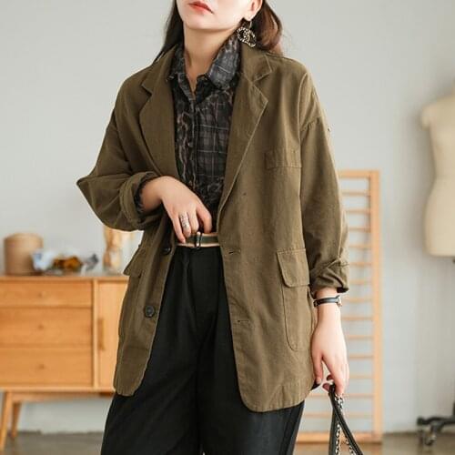 Johnature Women Vintage Jackets Turn down Collar Long Sleeve Solid Color Coats 2021 Autumn New Button Pockets Jackets