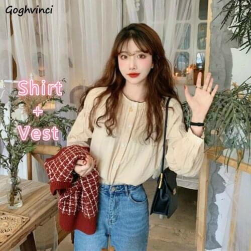 Women Sets Two-pieces Single Breasted Puff Sleeved Solid Button Shirt Loose V-neck Plaid Vest Sweet Students Ulzzang Outwear Ins