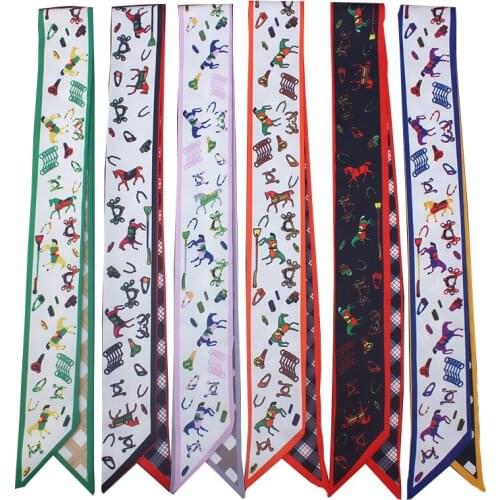 2019 New Fashion Brand Plaid Horse Print Silk Small Women Silk Scarf Bag Handle decorative Ribbons Female Head Band Long Scarves
