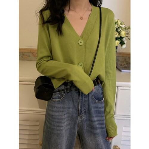 2021 Autumn Winter Sweater Korean Short Cropped Cardigan Women V-Neck Solid Long Sleeve Harajuku Preppy Style Buttons Sweater