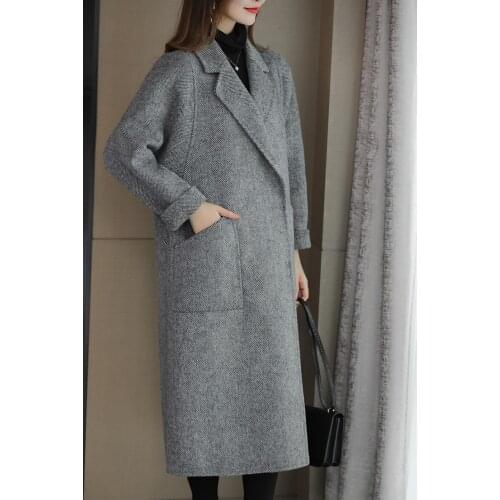 Hepburn style double-sided cashmere coat womens 2021 new medium long loose wool coat high-end temperament