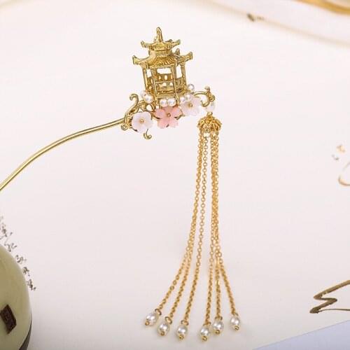 Gold Color Pavilion Flowers Decorated Tassels Hair Sticks Chinese Style Hairpin Women Girl Hair Jewelry Accessories XH