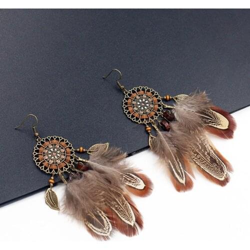 1 Pair Vintage Hook Earrings Flower Shape Metal Creative Brown Long Feather Tassel Drop Earrings for Daily Life