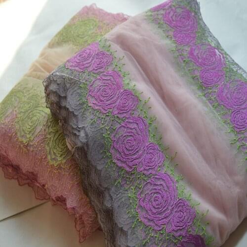 1YD Pink Gauze Green~Purple Mirror Floral Embroidery Hight Quality Lace Fabrics Embroidered Lace Trim17111401