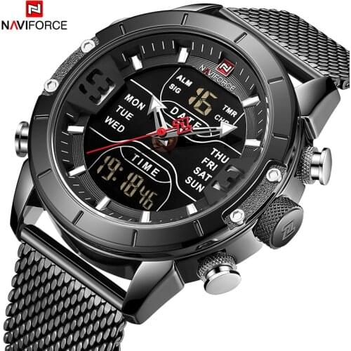 2021NAVIFORCE Men Watch Casual Fashion Dual Time Led Digital Waterproof Stainless Steel Strap Complete Calander Alarm Watches