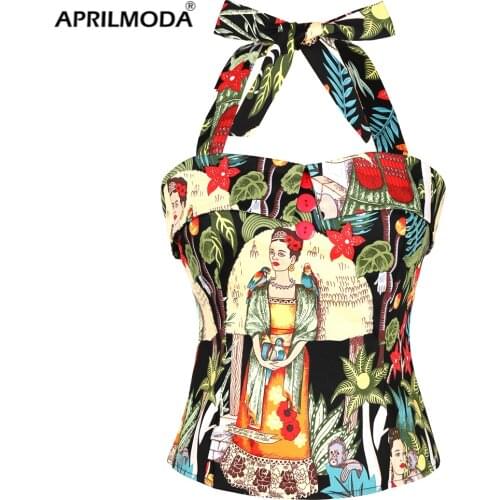 2020 Women Shirts Retro Vintage 50s 60s Floral Printed Sleeveless Halter Slim Blouses Fashion Ladies Rockabilly Pin Up Tops