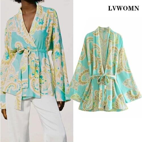 LVWOMN Za Summer Women Blouses 2021 Vintage Printed Loose Long Sleeve Top Woman Fashion Bow Tie Casual Plus Size Femme Shirt