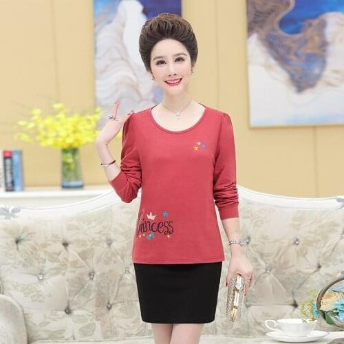 Printed T-Shirts Women Long Sleeves Tops Bottoming Pullovers 2021 Spring Autumn New Large Size Middle Age Mother Tee Shirts