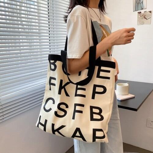 South Korea Ins Style Street Shooting Wild Letter Canvas Bag Large Capacity Shopping Bag Handbag Shoulder Bag Female School Bag