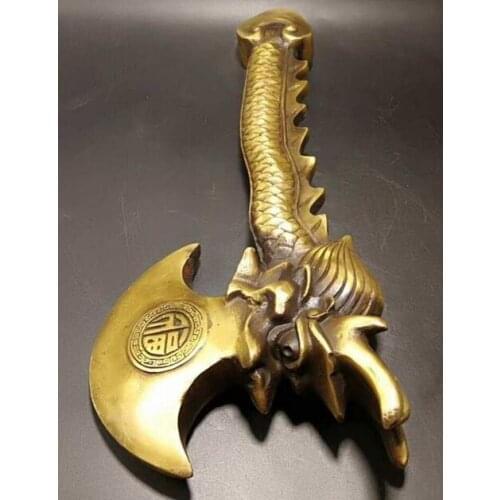China Feng Shui Old Fine Copper Carved Dragon Axe Big Exorcism Ax Statue Hatchet
