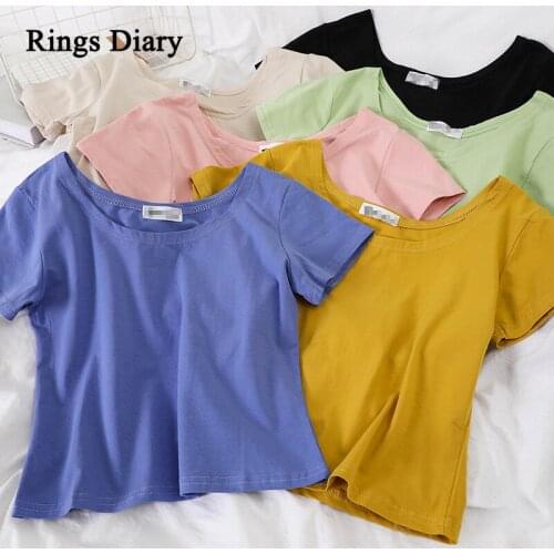 Rings Diary Women Summer Short Sleeve Crop Tees Round Neck Cotton Retro Comfortable Knit Tshirts Going Out Solid Color New Top