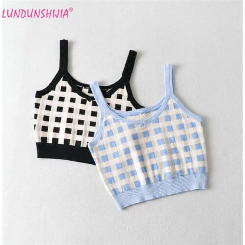 LUNDUNSHIJIA 2021 Summer Womens Blue Retro Plaid Crop Top Sexy Elastic Sleeveless Short Knitting Camis Top Bar