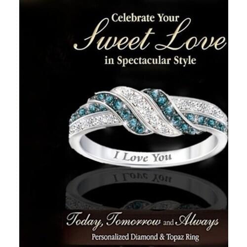 Fashion Two Color Gem Letter I Love You Womens Ring Sweet Romantic Wedding Engagement Statement Ring Valentines Day Gift