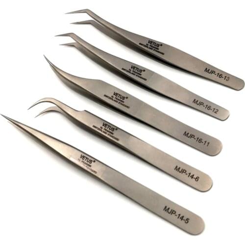 Pack of 5 pcs VETUS MJP Straight Dolphin Curved Elbow Tweezers Anti-magnetic for Makeups Repairing with Free Plastic Storage Box