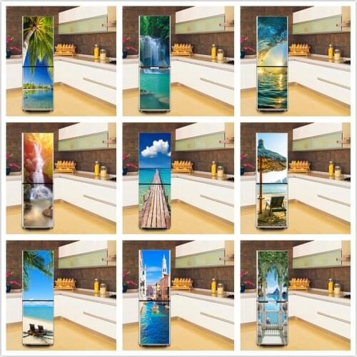 Seaside Scenery Fridge Sticker 3D PVC Self Adhesive Wallpaper Home Design Kitchen Refrigerator Mural DIY Decal adesivo geladeira