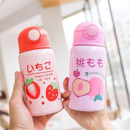 New 400ml Cute Cartoon Fruit Strawberry Stainless Steel Vacuum Flask With Straw Outdoor Travel Portable Thermos Cup Water Bottle