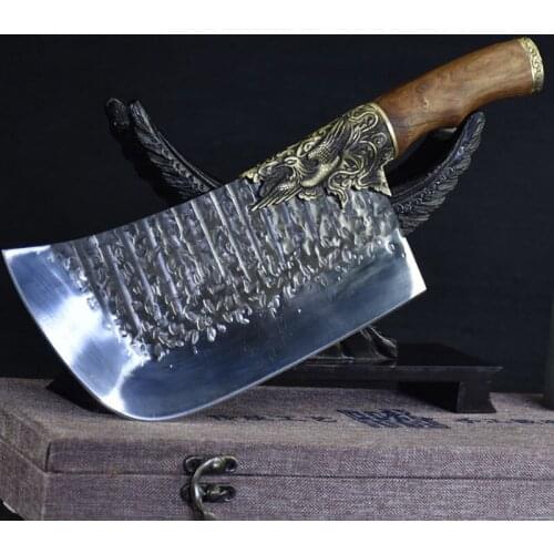 LongQuan 8.5 Inch Hanamde Knife Copper Dragon Phoenix Decor Machete Cleaver Chopper Kitchen Knives Bone Meat And Poultry Tools