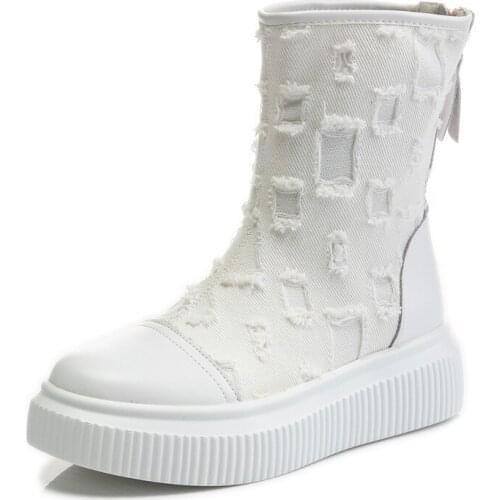 Autumn/Winter 2021 New Cowhide Thick-soled Boots Canvas Breathable Fashion Locomotive Boots Candy-colored Womens Boots In Boots